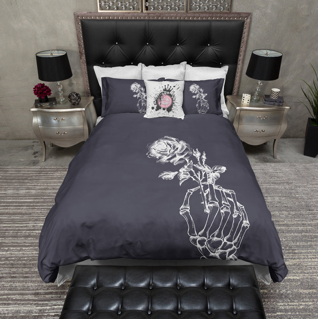 Dusky Blue and White Skeleton Hand and Rose Bedding Collection