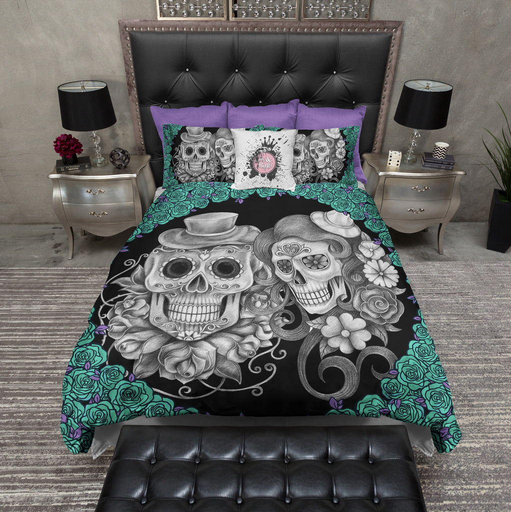 Teal and Purple Sketch Sugar Skull Bedding Collection