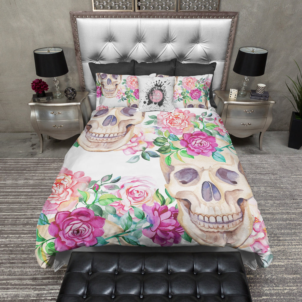 Peach and Pink Rose Skull Bedding Collection