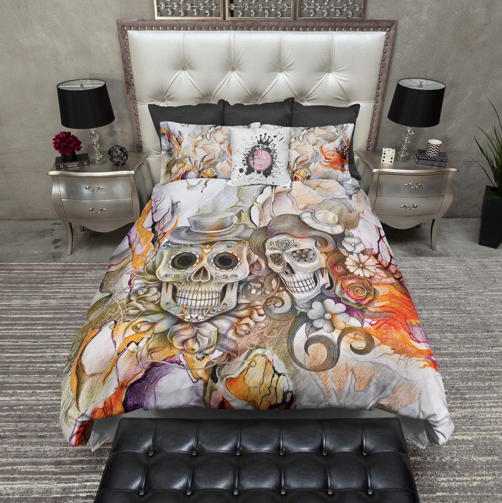 Abstract Pencil Sketch Flower and Sugar Skull Bedding Collection