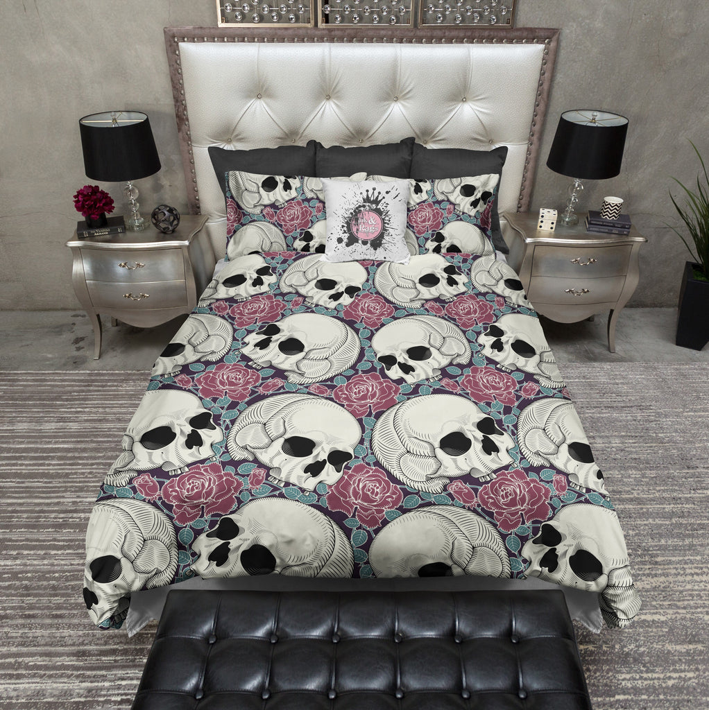 Teal Leaf and Red Rose Skull CREAM Bedding Collection