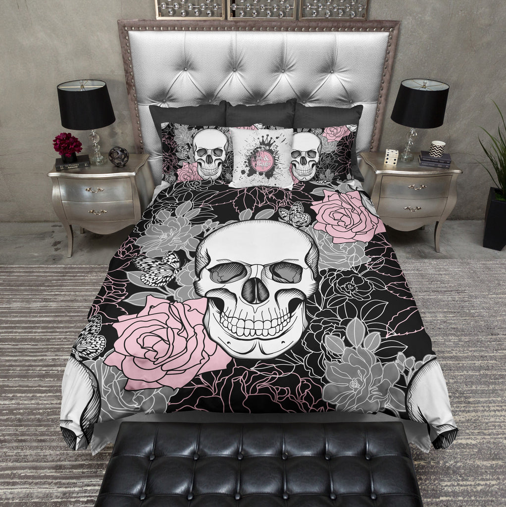 Pink and Grey on Black Flower Skull Bedding Collection