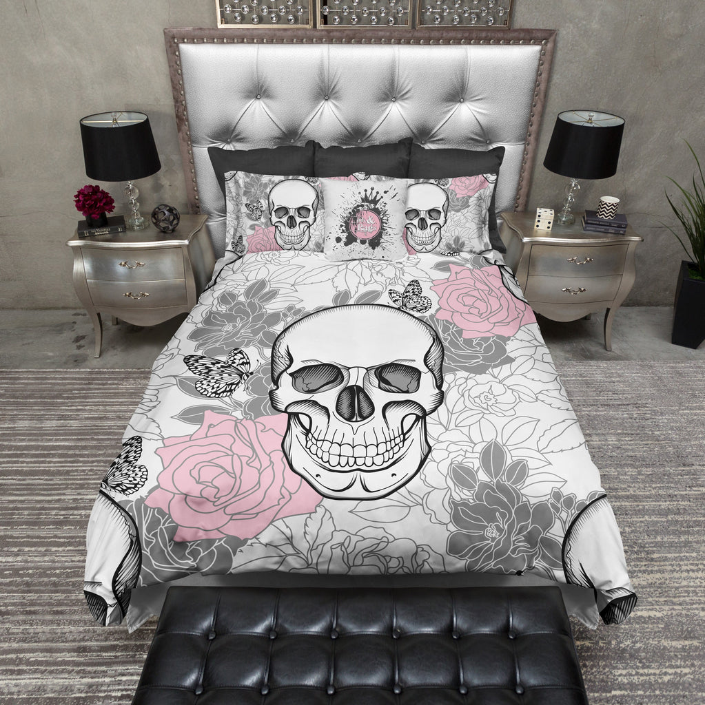 Pink and Grey on White Flower Skull Bedding Collection