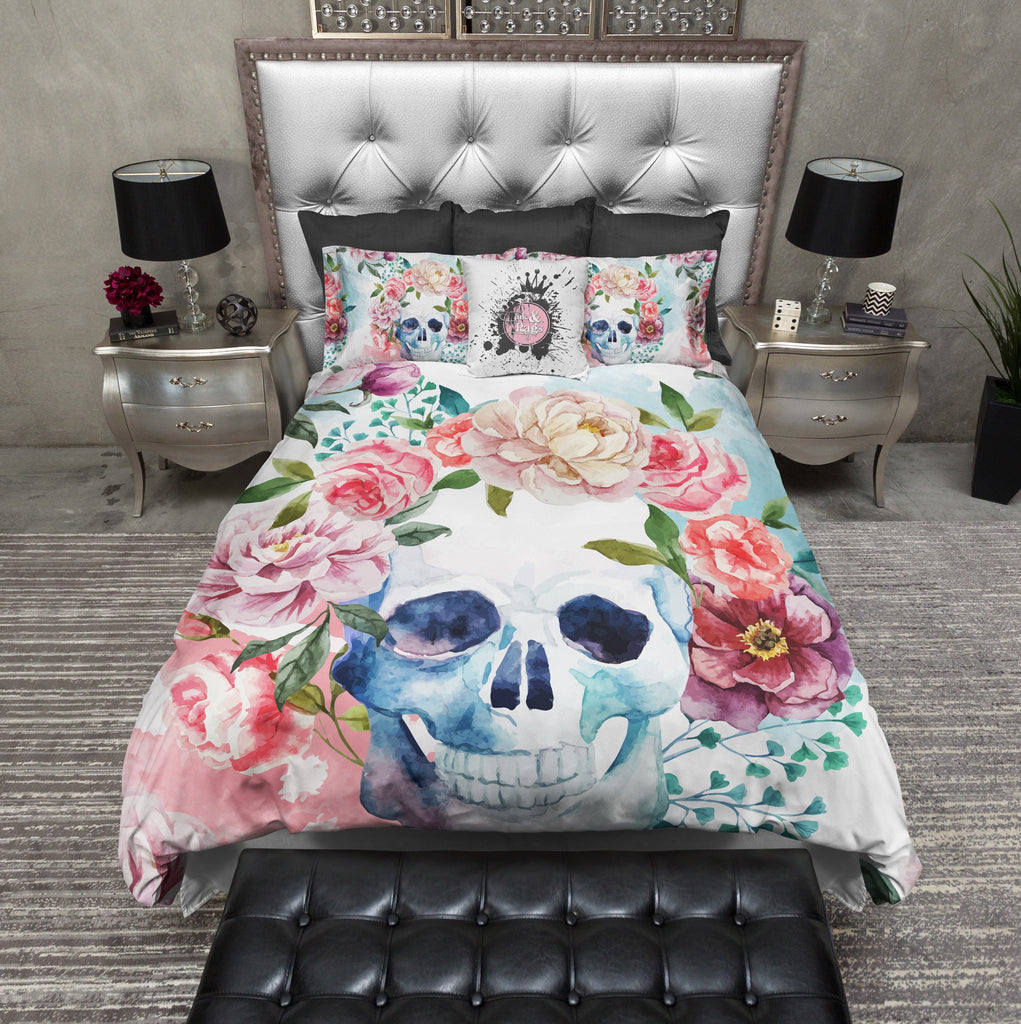 Spring Watercolor Flower Skull Bedding Collection