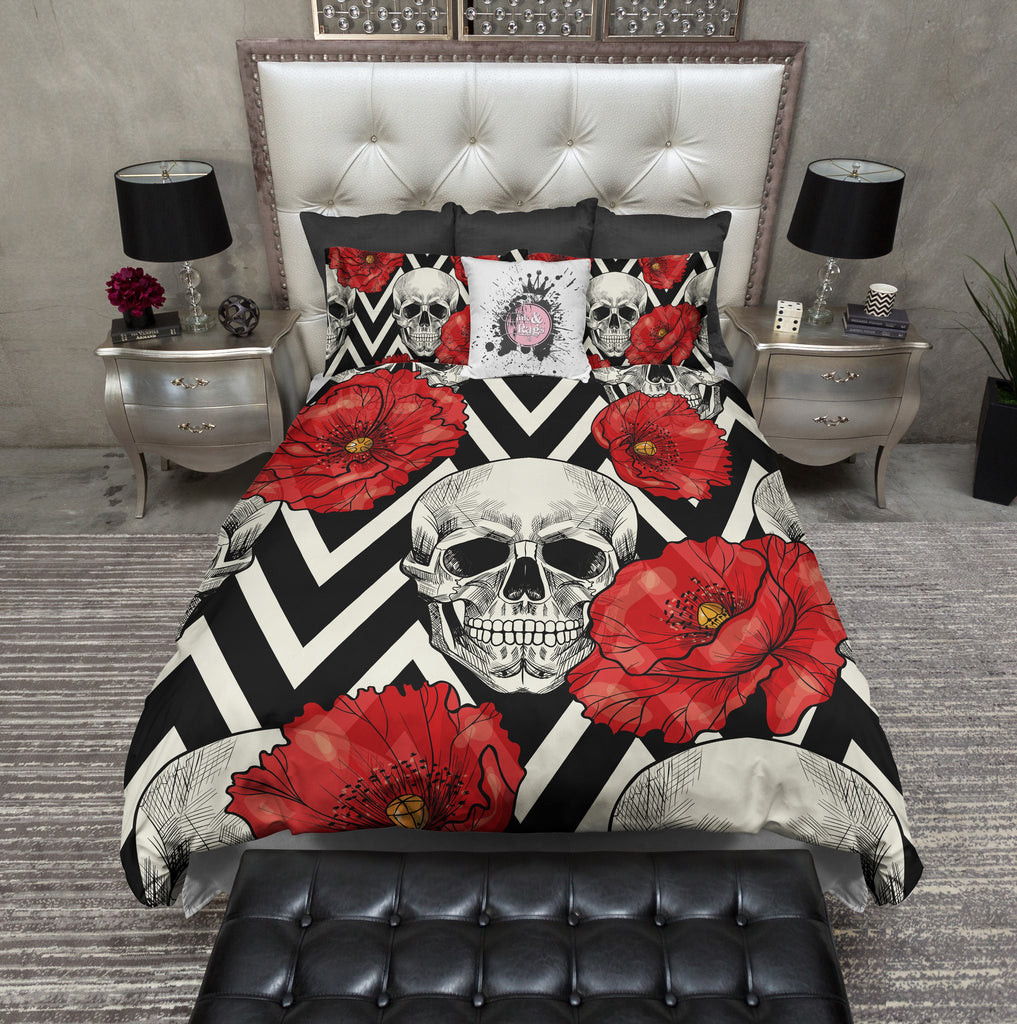 Red Poppy Chevron Stripe Skull CREAM Bedding Collection