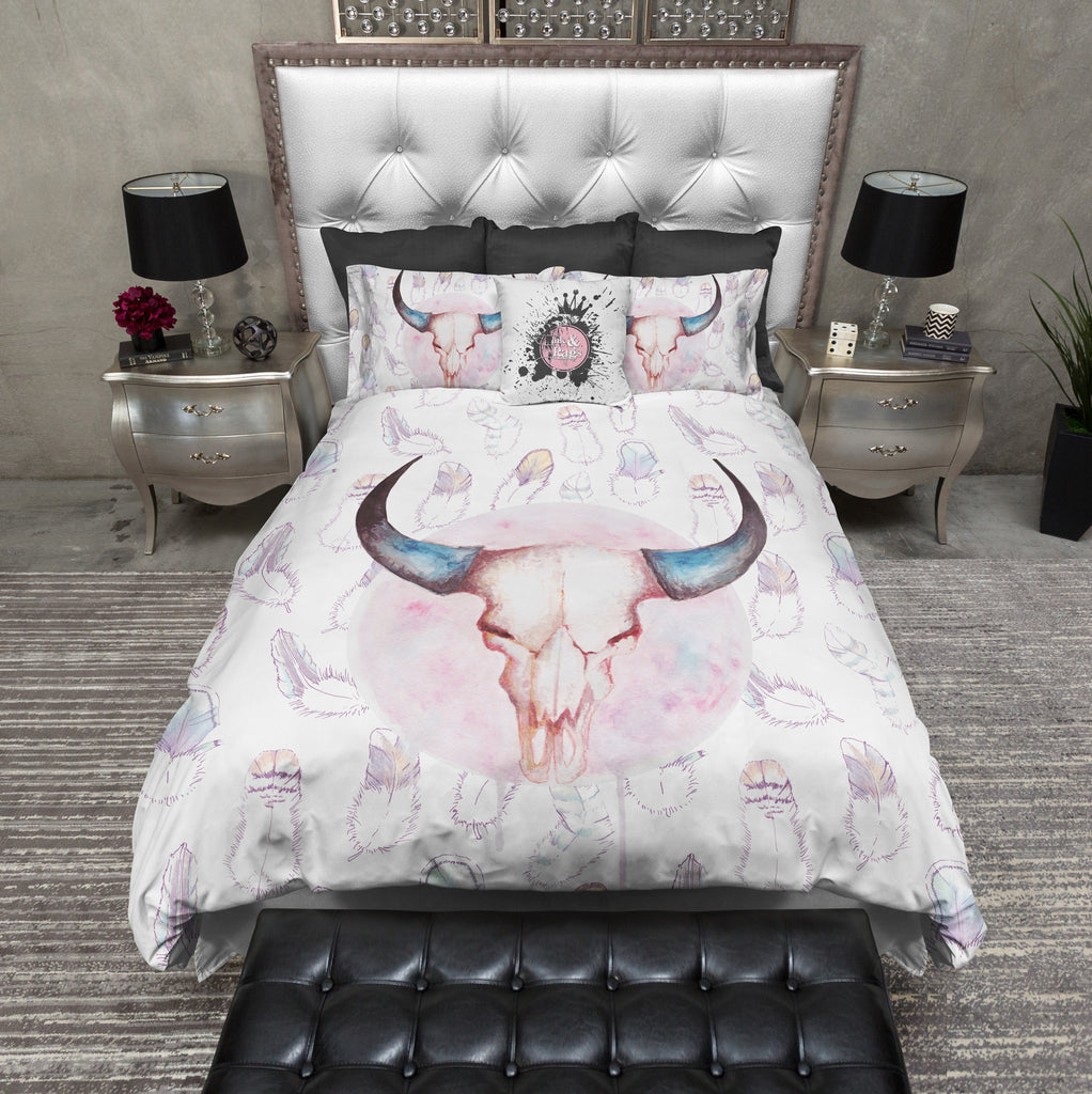 BOHO Pink Moon and Feather Buffalo Skull Bedding Collection