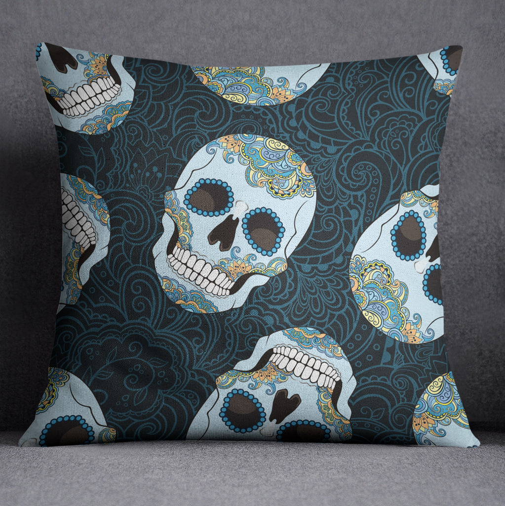Blue and Gold Sugar Skull Throw Throw Pillow