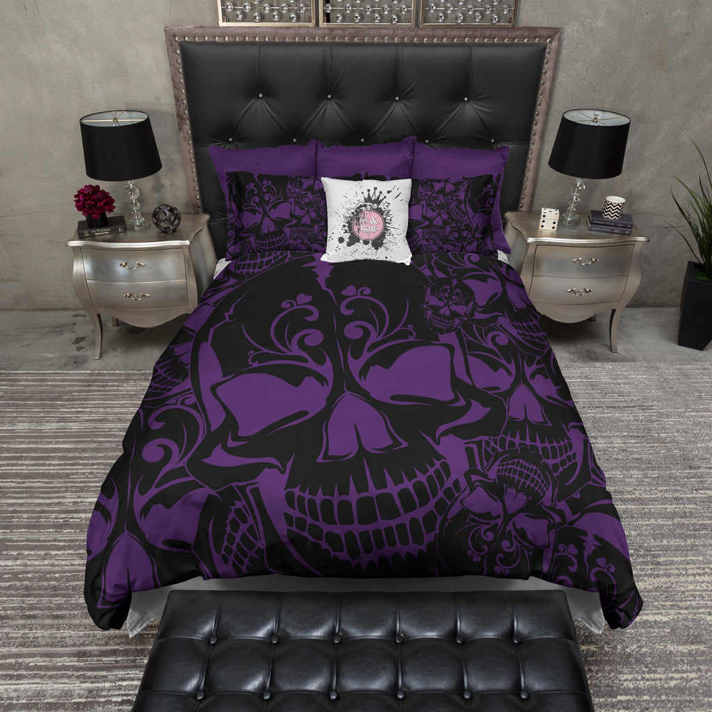 Purple and Black Collage Skull Bedding Collection