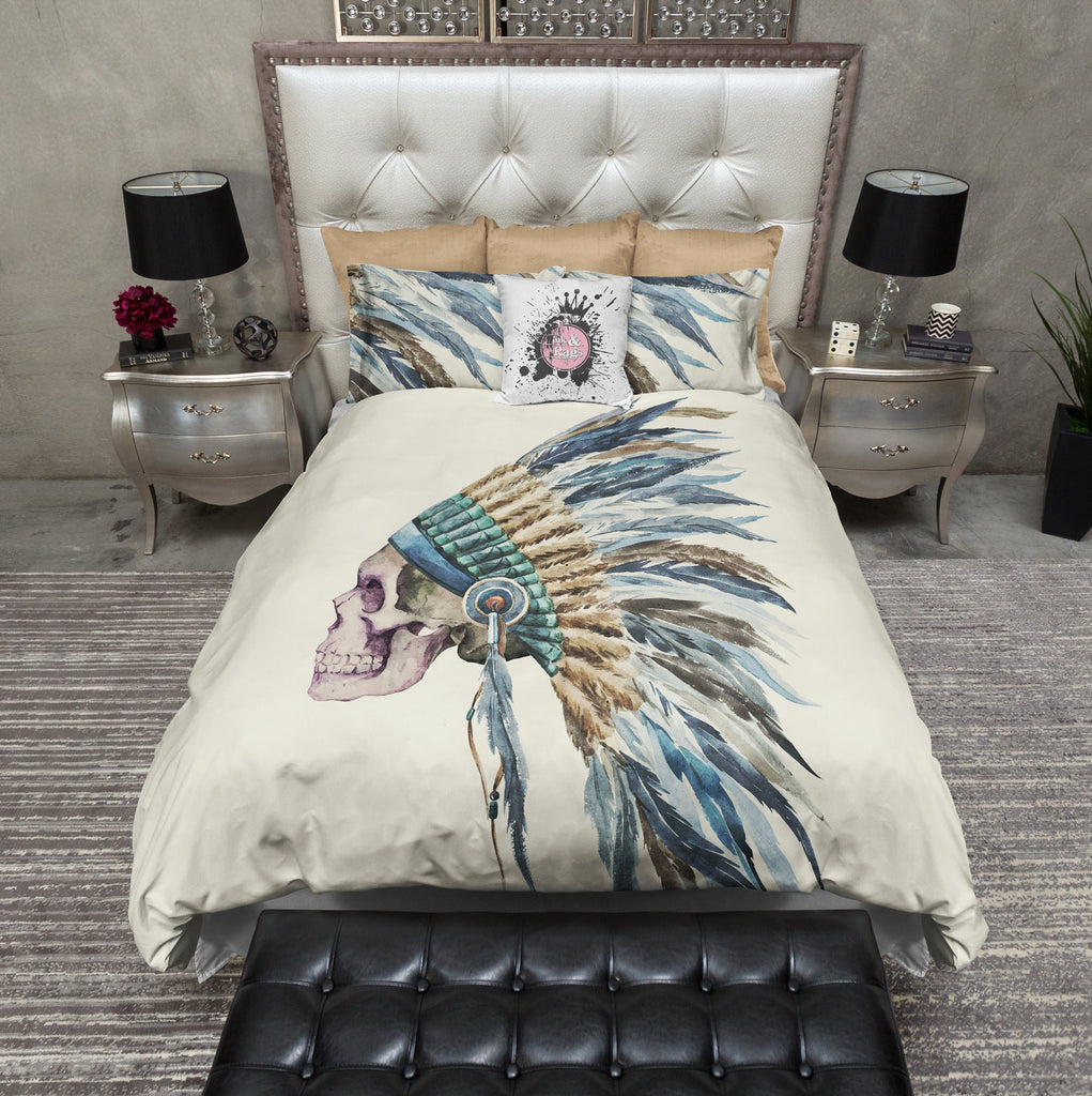 Blue Feather Native American Indian Headdress Skull CREAM Bedding Collection