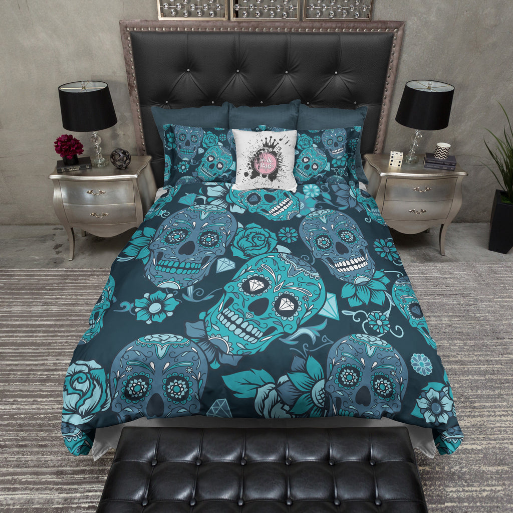 Teal and Blue Sugar Skull Bedding Collection