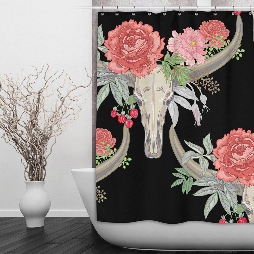 Flower and Texas Longhorn Skull Shower Curtains and Optional Bath Mats