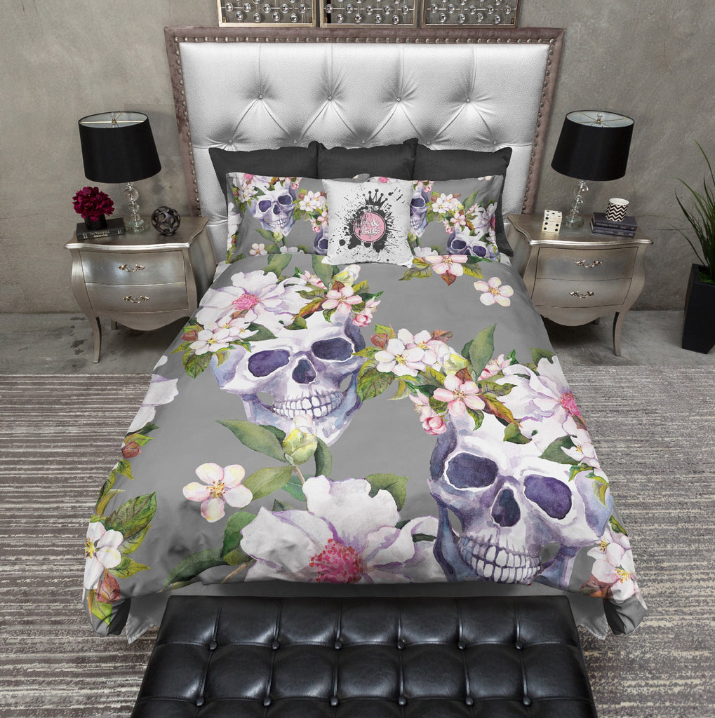 Grey Blossoms and Skulls Bedding Collection