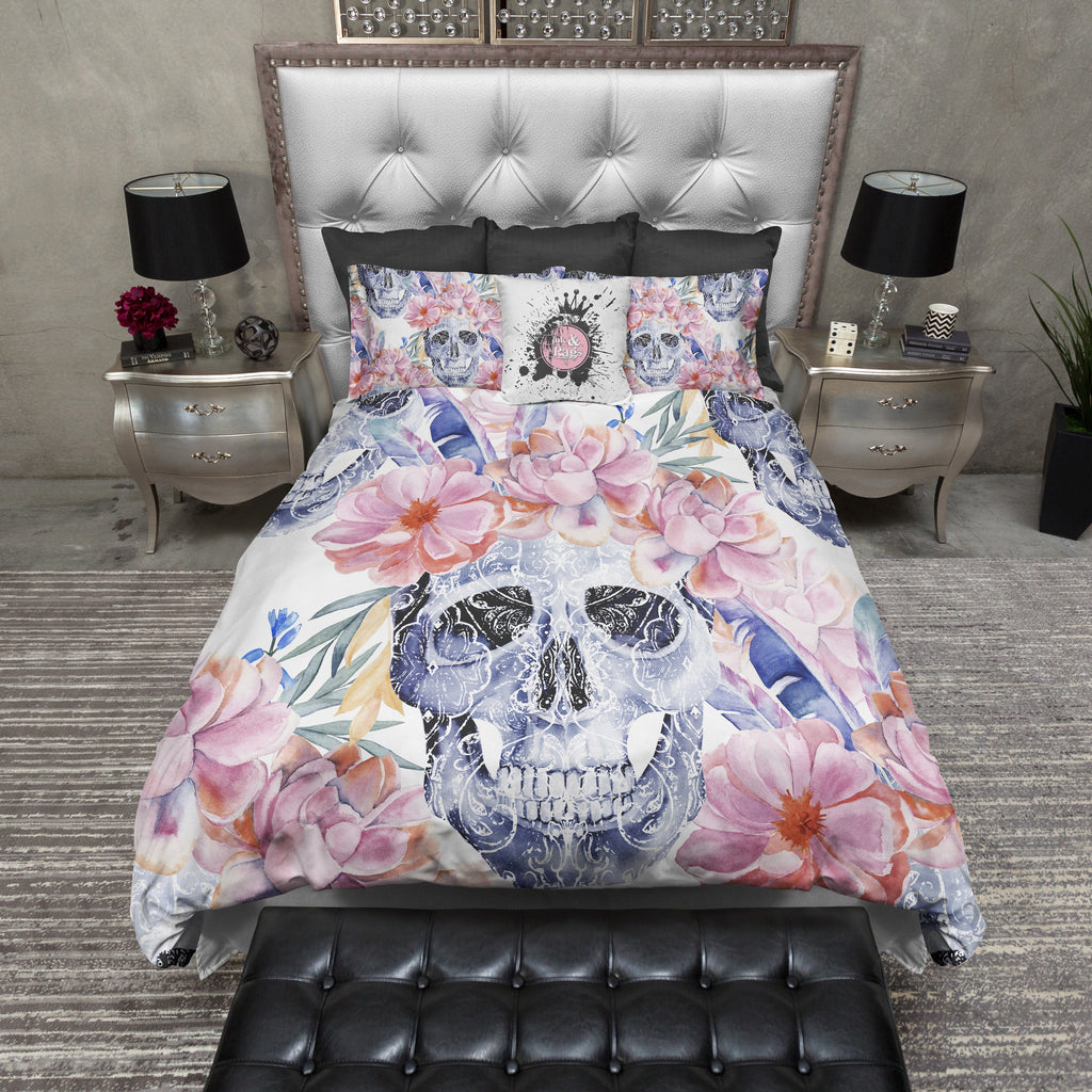 Antique Style Pink and Blue Skull Scroll and Flower Bedding Collection