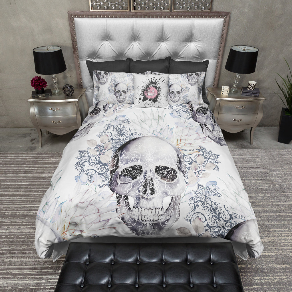 Antique Style Silver and Blue Skull Scroll and Flower Bedding Collection