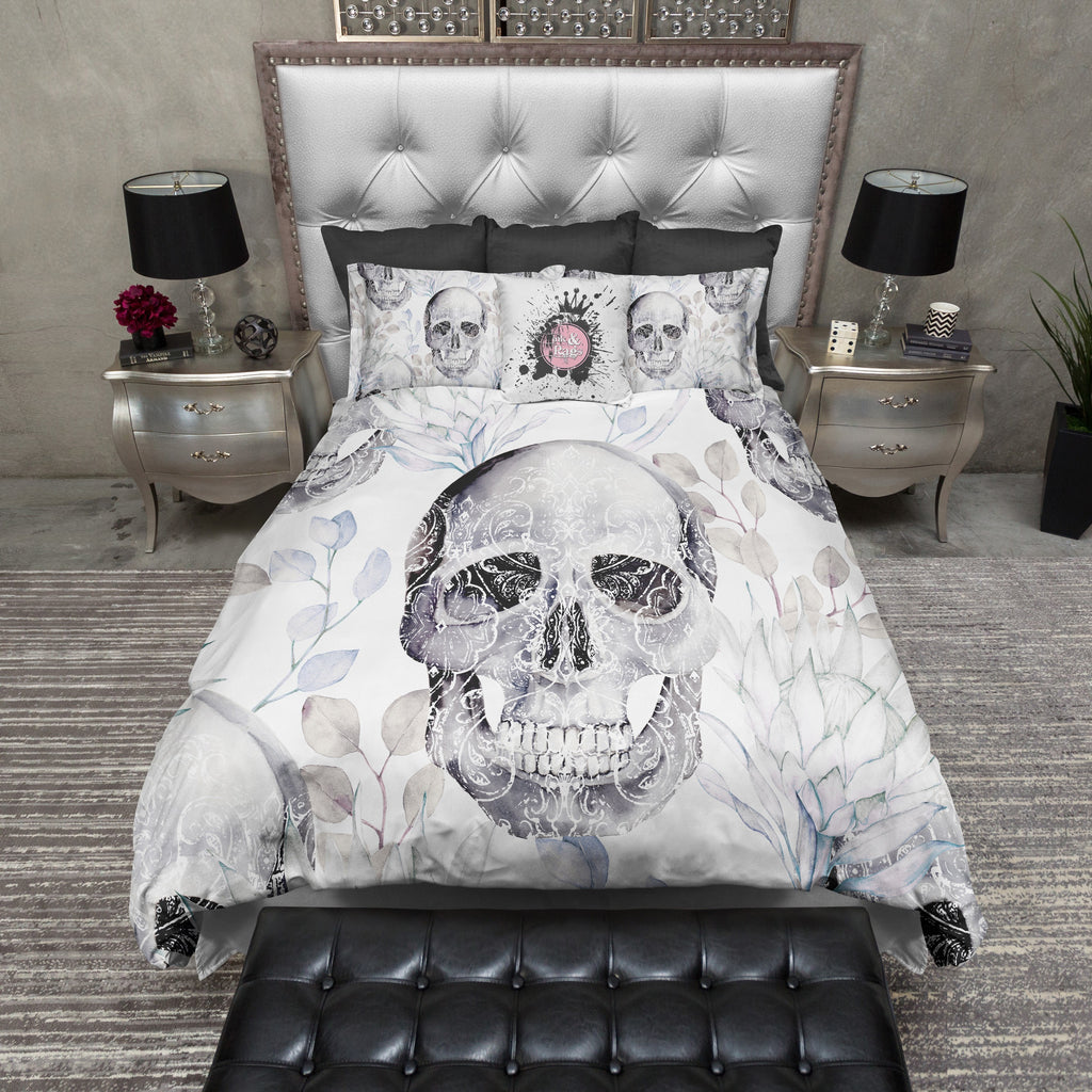 Antique Style Silver Skull Scroll and Flower Bedding Collection