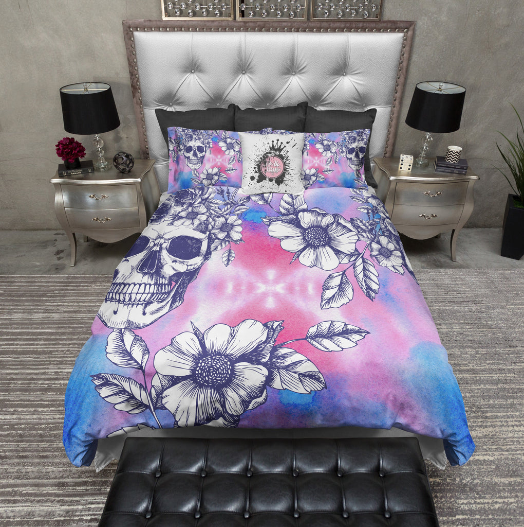 Pink and Blue Watercolor Skull and Flower Bedding Collection