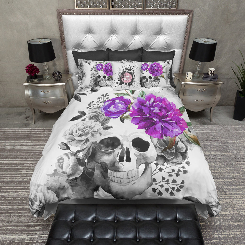 Purple Flower Watercolor Skull Bedding Collection