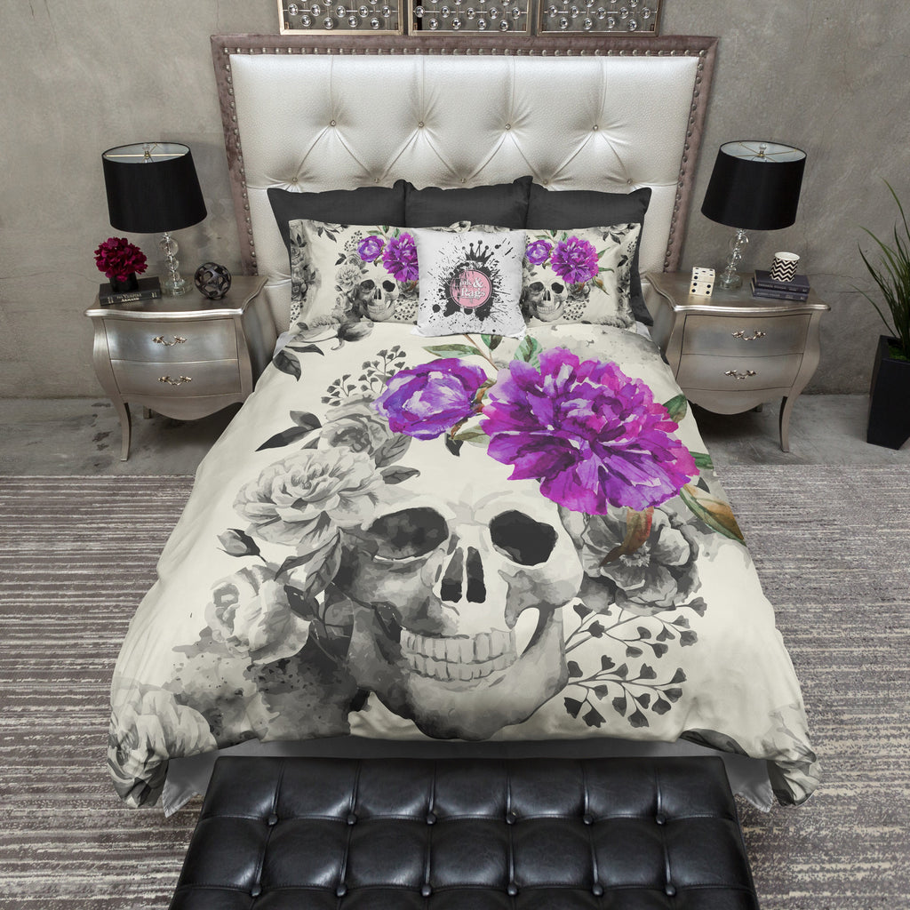 Purple Flower Watercolor Skull CREAM Bedding Collection