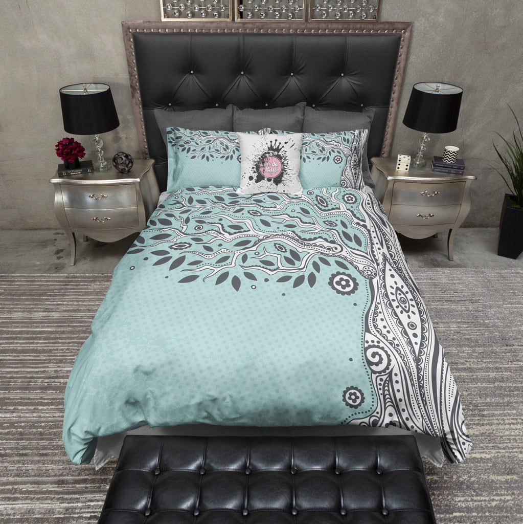 Boho Henna Style Ice Blue Tree of Life Bedding Collection