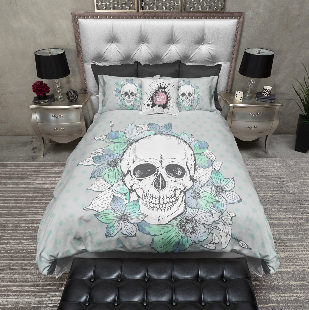 Blue Green Polka Dot Skull and Flower Bedding Collection