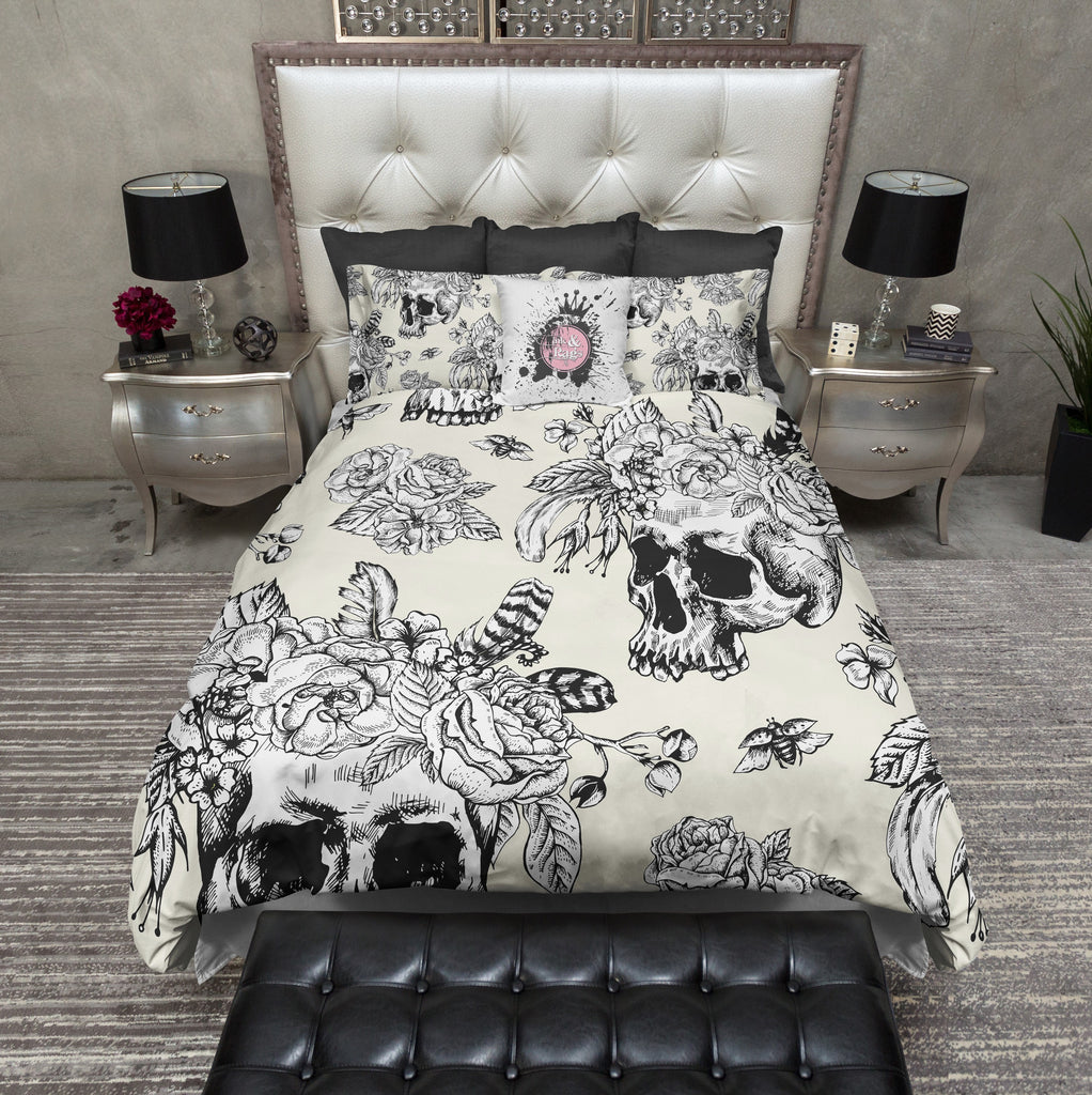 Cream and White Skull with Flower and Feather Crown Bedding Collection