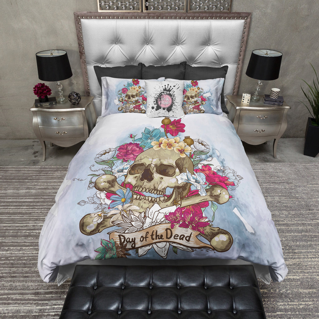 Day of the Dead Blue Watercolor Skull Bedding Collection