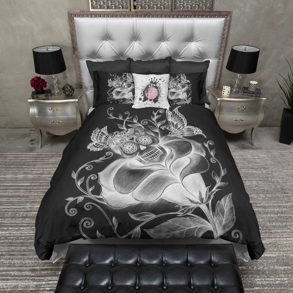 Chalkboard Style Blooming Rose Sugar Skull Bedding Collection