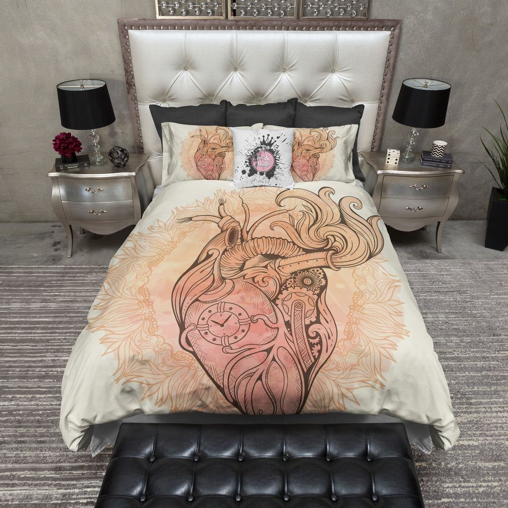 Steampunk Heart and Mandala CREAM Bedding Collection