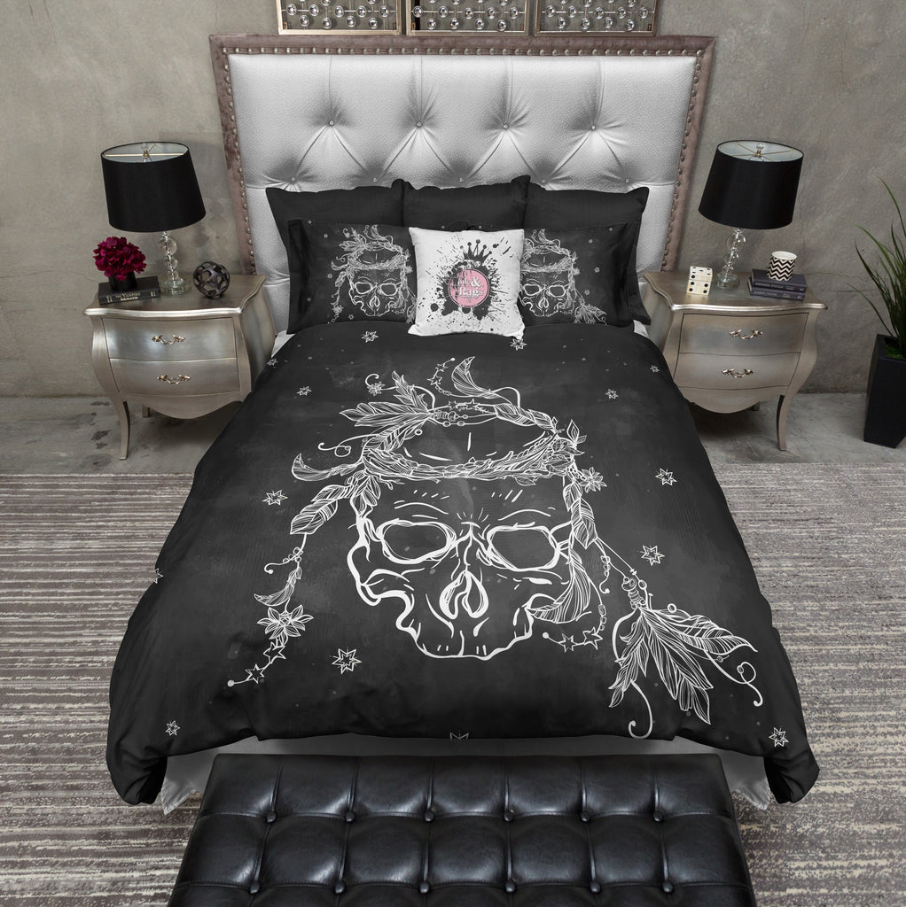 Chalkboard Style Bohemian Stars, Feathers, and Skull Bedding Collection