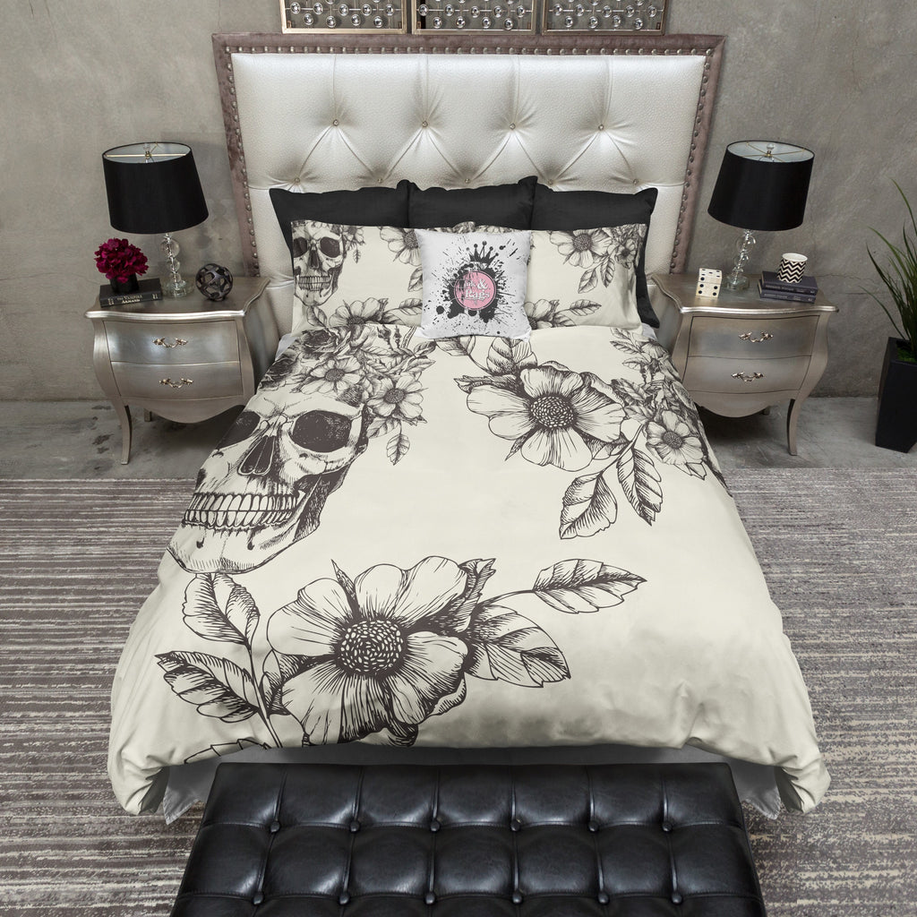 Black and Cream Peeping Skull and Dogwood Bedding Collection