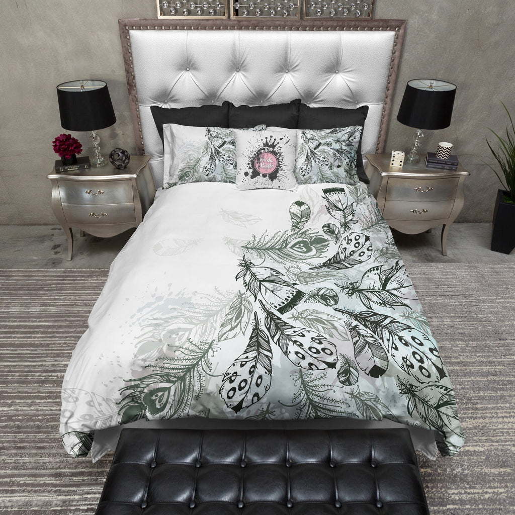 Boho Green and Grey Feather Bedding Collection