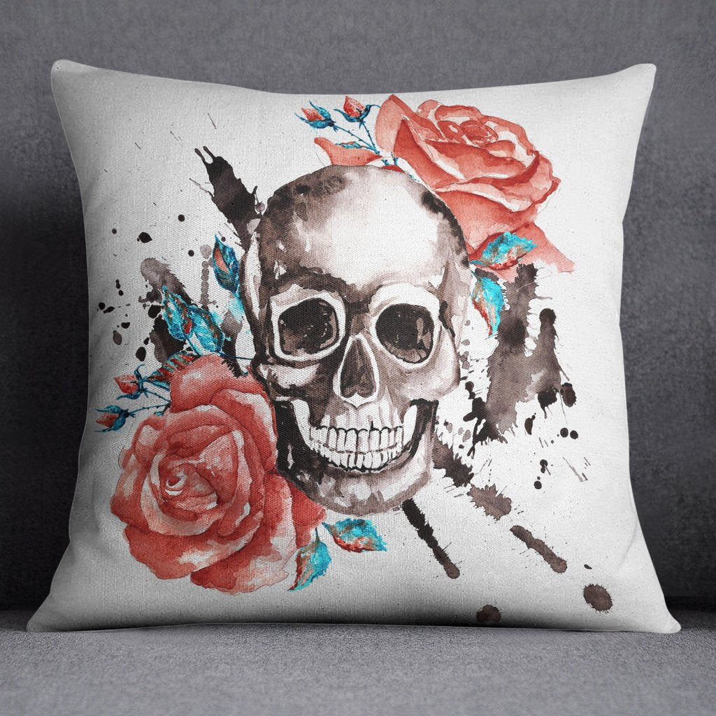Red Roses with Turquoise Accents and Large Skull Throw Pillow