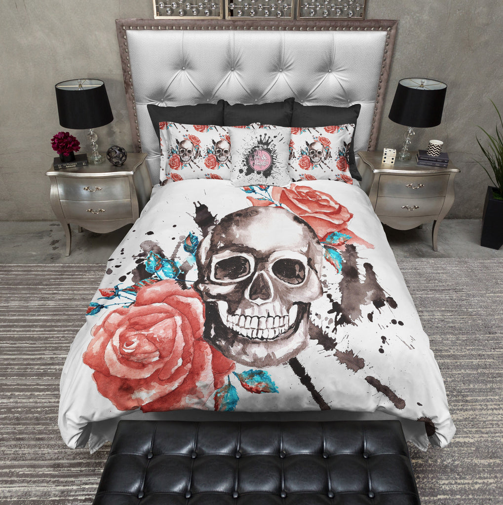 Red Roses with Turquoise Accents and Large Skull Bedding Collection