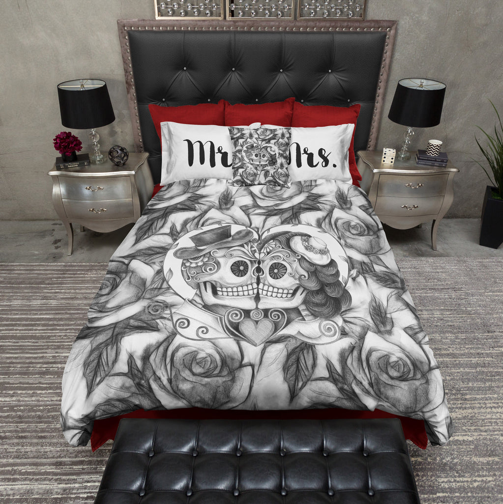 Pencil Sketch Rose Kissing Mr and Mrs Sugar Skull Bedding Collection