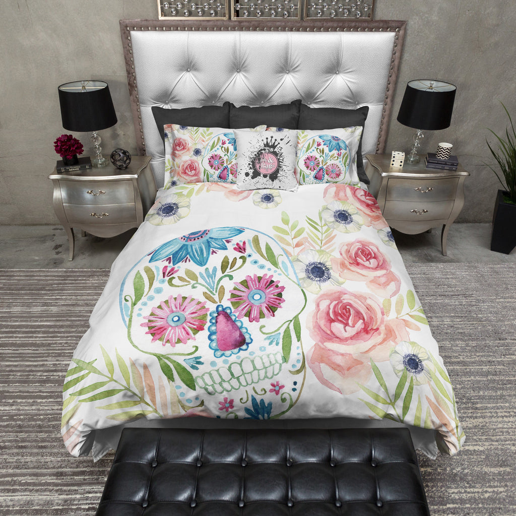 Spring Watercolor Sugar Skull and Flower Bedding Collection