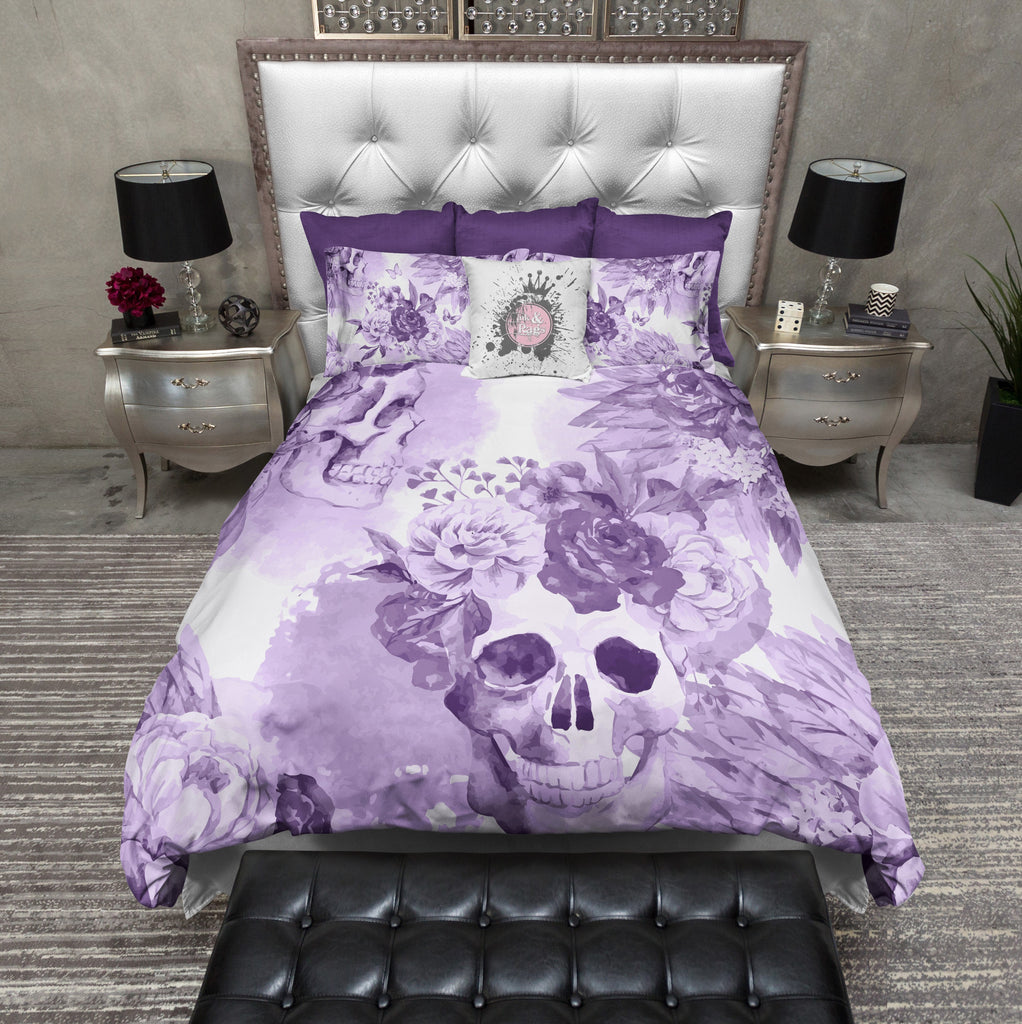 Purple Watercolor Native American Indian Headdress Floral Skull Bedding Collection