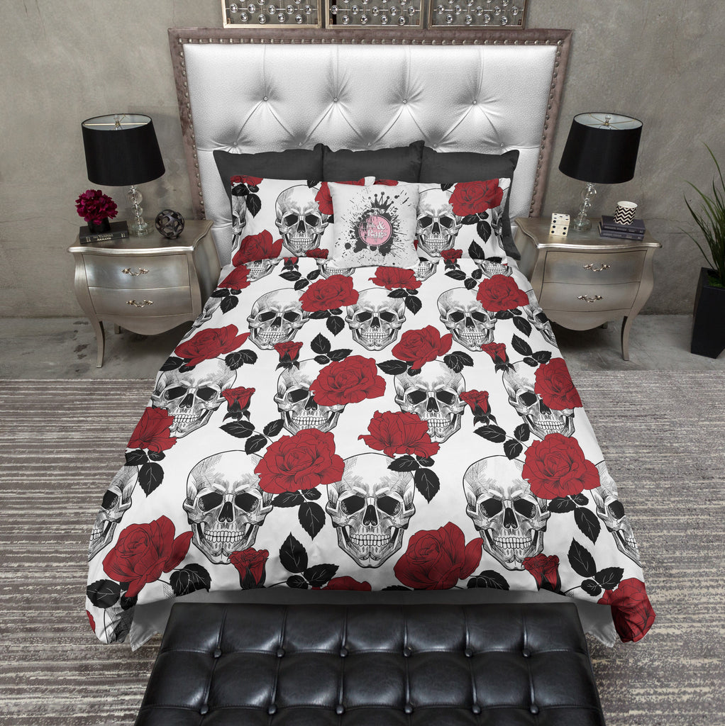Red Rose and White Skull Bedding Collection