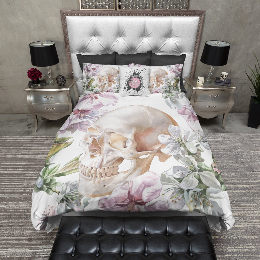White Floral Rose and Skull Bedding Collection
