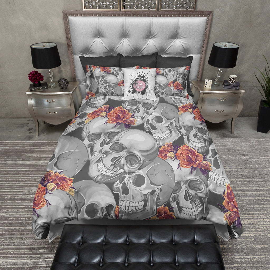 Grey Orange and Purple Flower Skull Bedding Collection