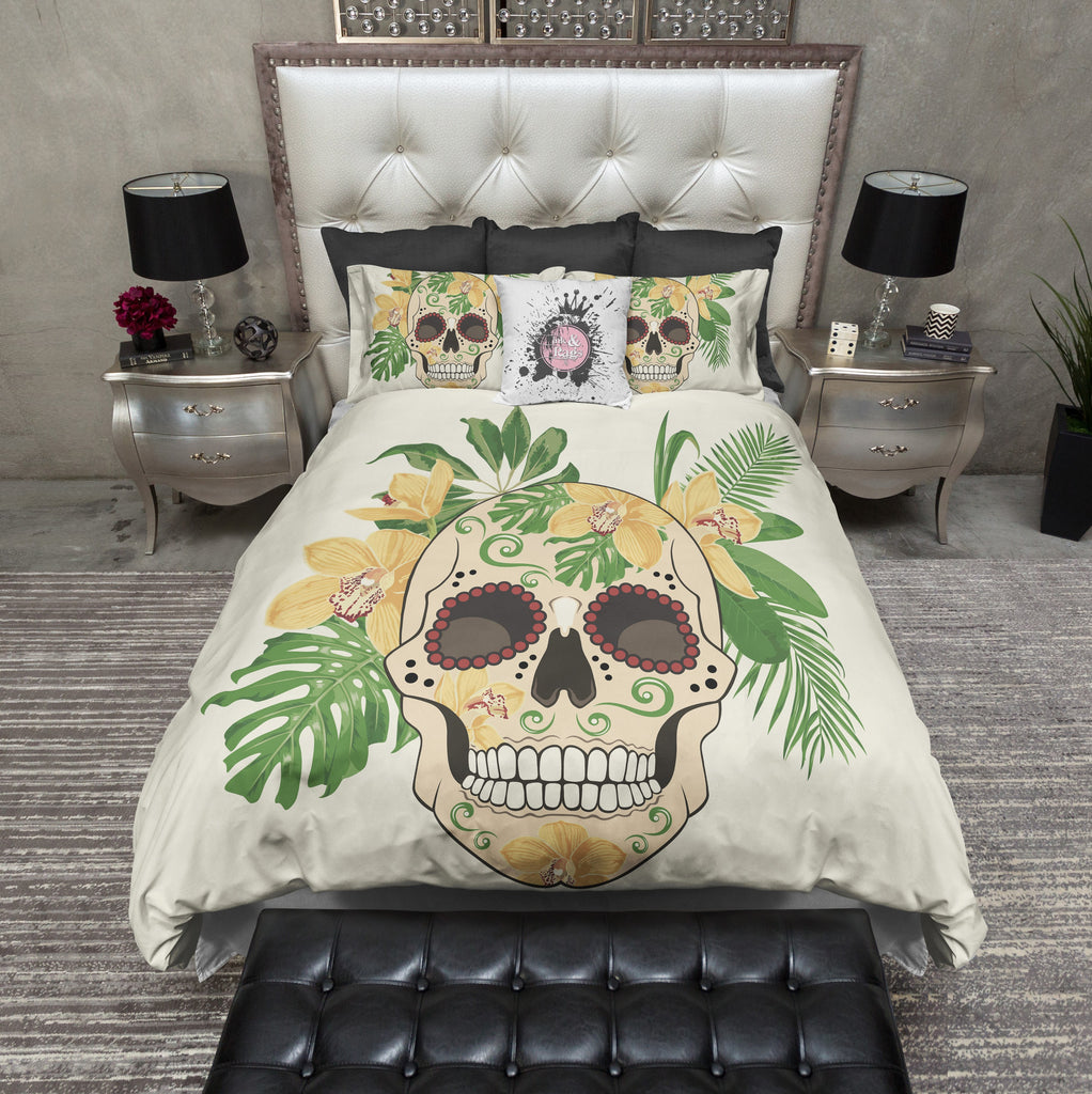 Light Tropical Flower Sugar Skull CREAM Bedding Collection