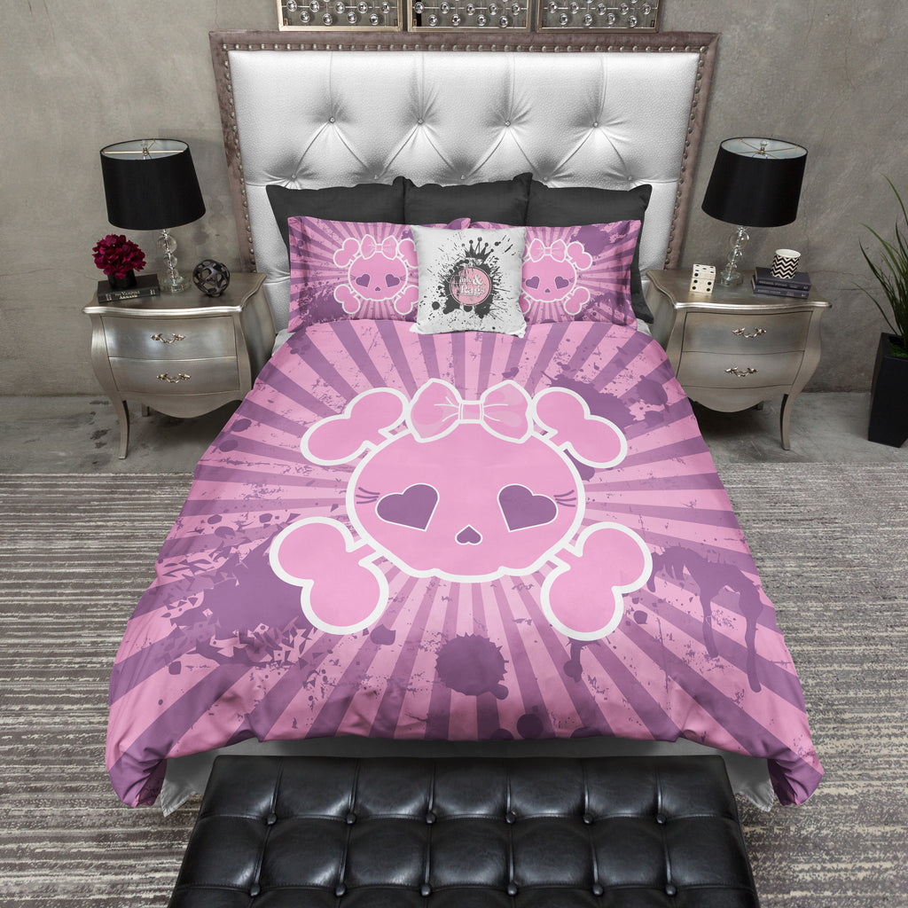 Bright Pink Purple Grunge Candy Skull Bedding Collection