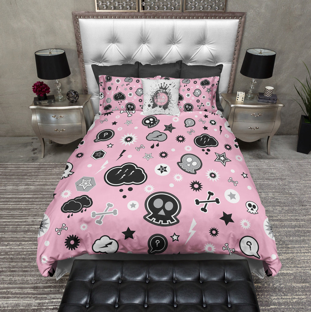 Pink Cartoon Skulls Emo Bedding Collection