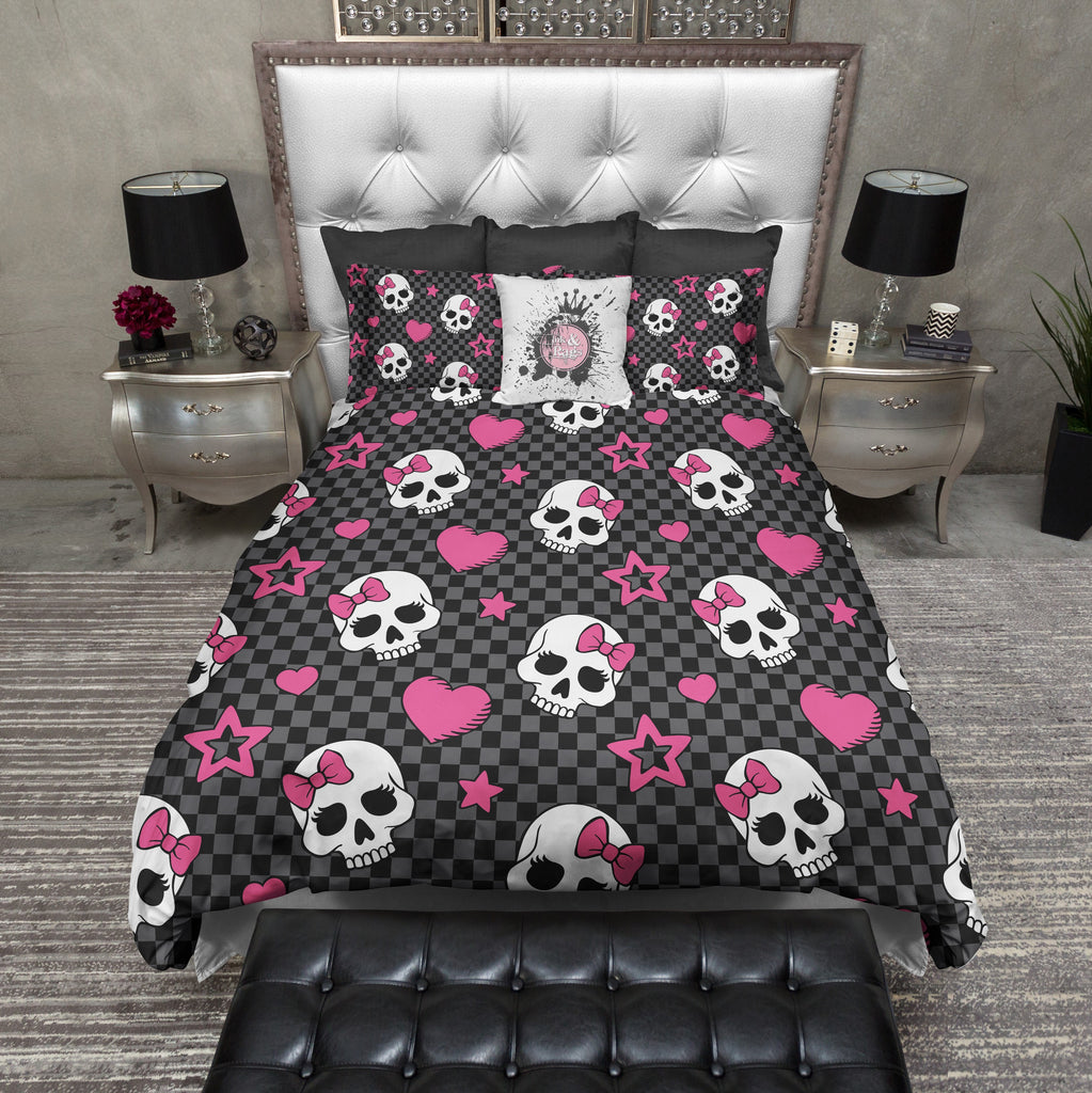 Checker Board Candy Skulls with Hot Pink Bows Bedding Collection