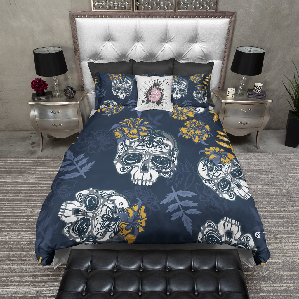 Blue and Gold Flower Sugar Skull Bedding Collection