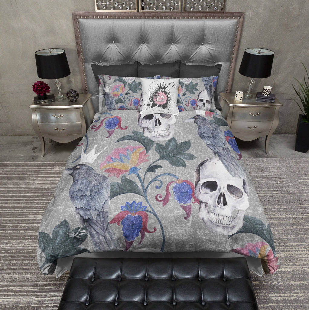 Grey Crowned Crow and Floral Skull Bedding Collection
