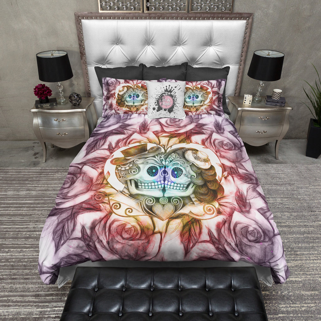Kissing Couple Sugar Skull in Iris Bedding Collection