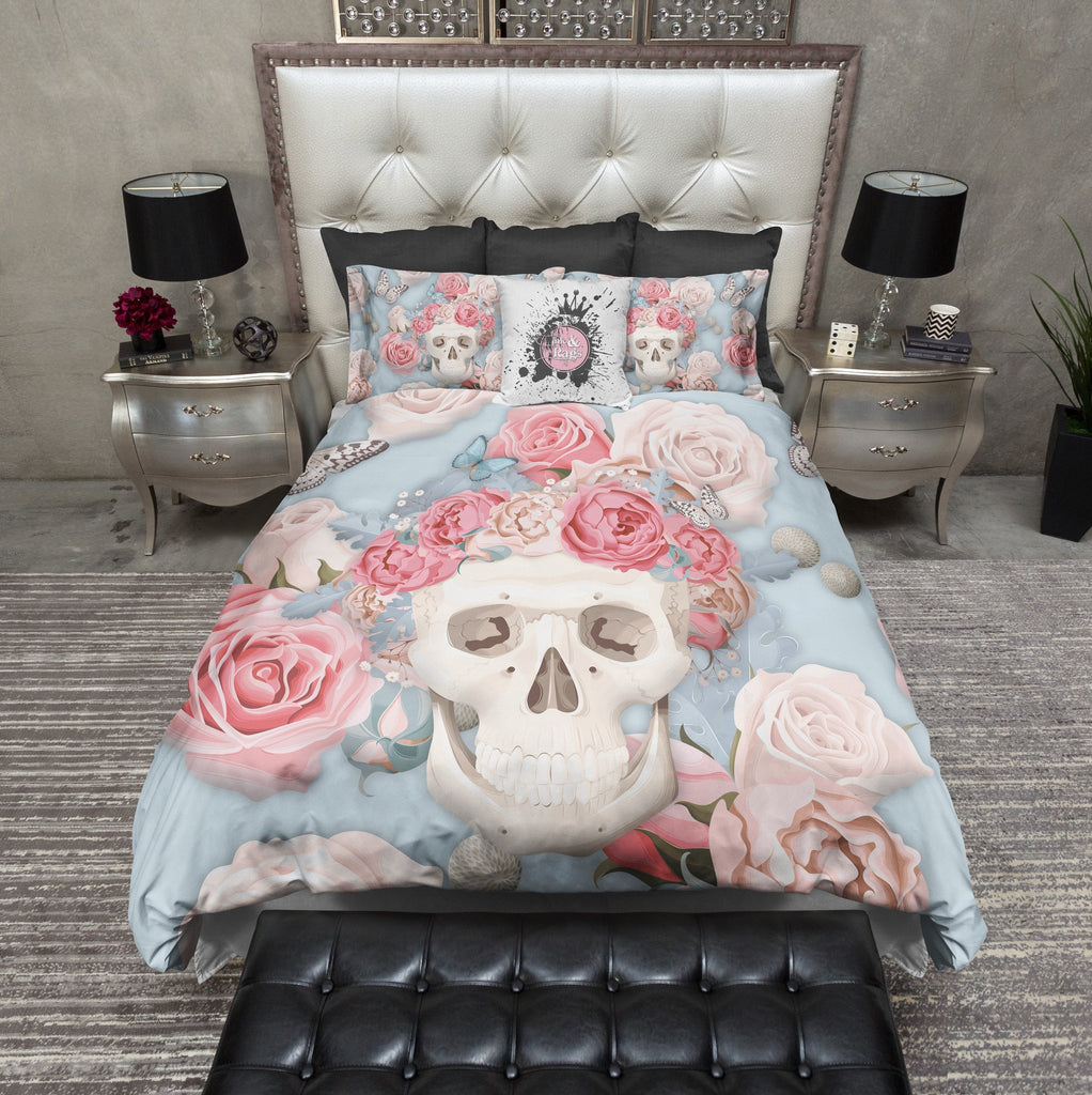 Powder Blue and Pink Rose Butterfly Skull Bedding Collection