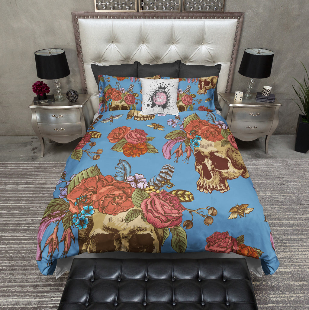 Colorful Blue Skull with Flower and Feather Crown Bedding Collection
