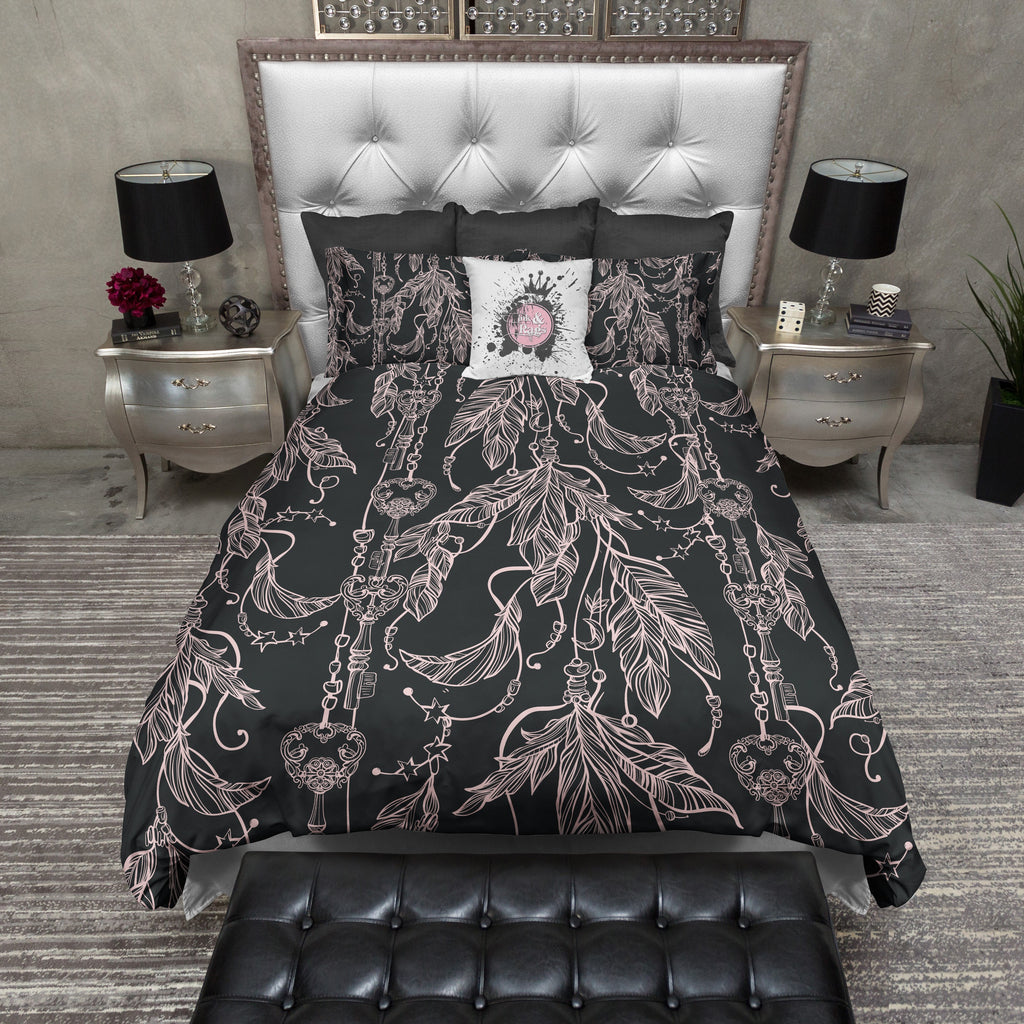Pink and Black Dreamcatcher Feather Design Bedding Collection