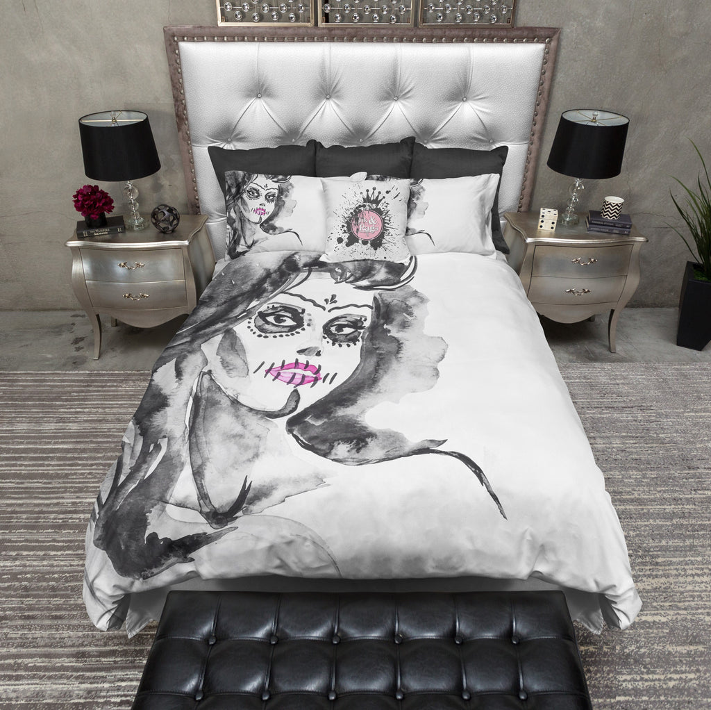 Painted Lady Black and Pink Watercolor Sugar Skull Bedding Collection
